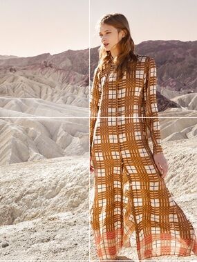 $995 ANTONELLI Firenze Italy Neutral Check Plaid Button Shirt Flowy Maxi I 42 M